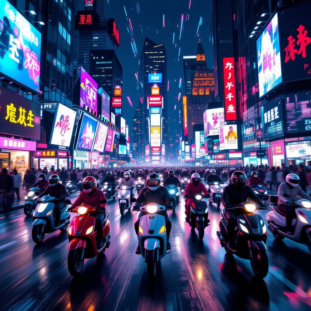 Neon City Moped Swarm in Cyberpunk Style