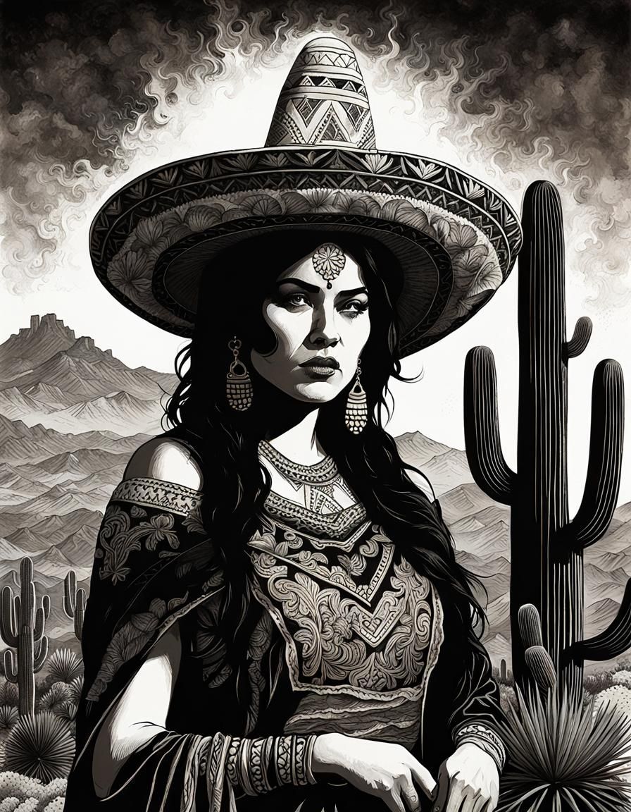 Demonic Mexican Woman with Burning Sombrero
