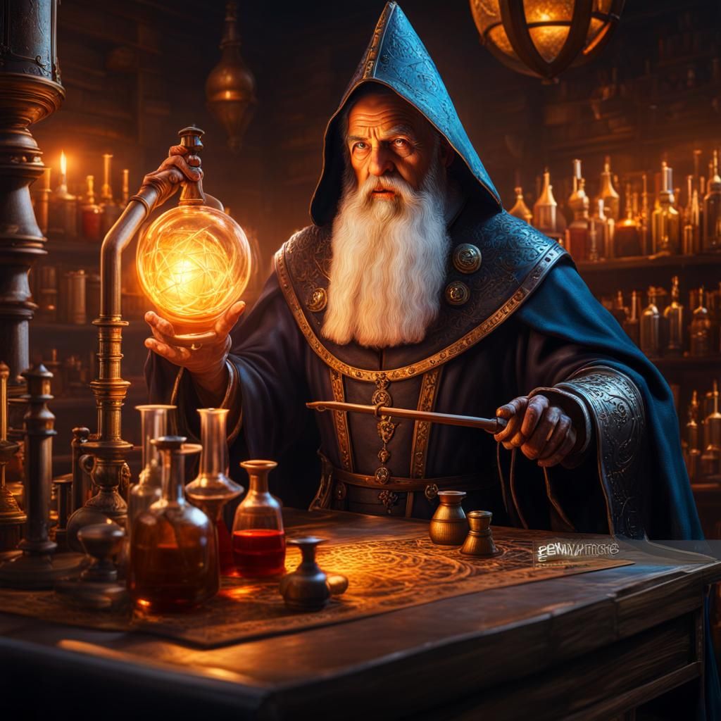 medieval wizard in a alchemist laboratory