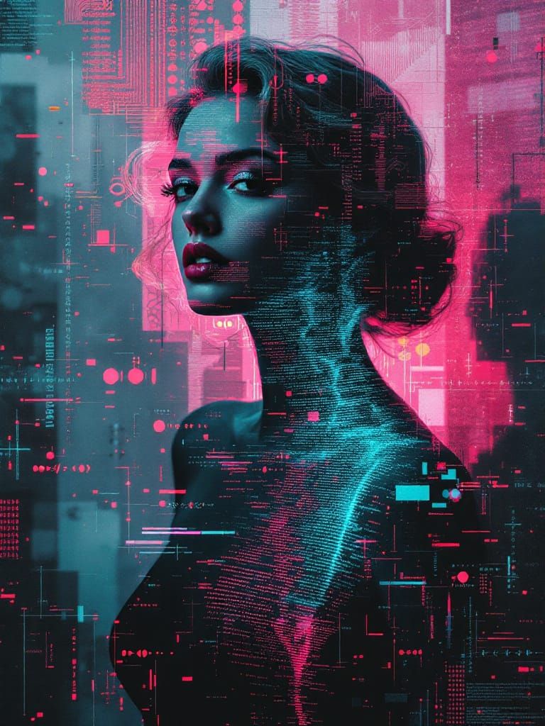 Glitch Photography of Pin-Up Woman in Digital Code