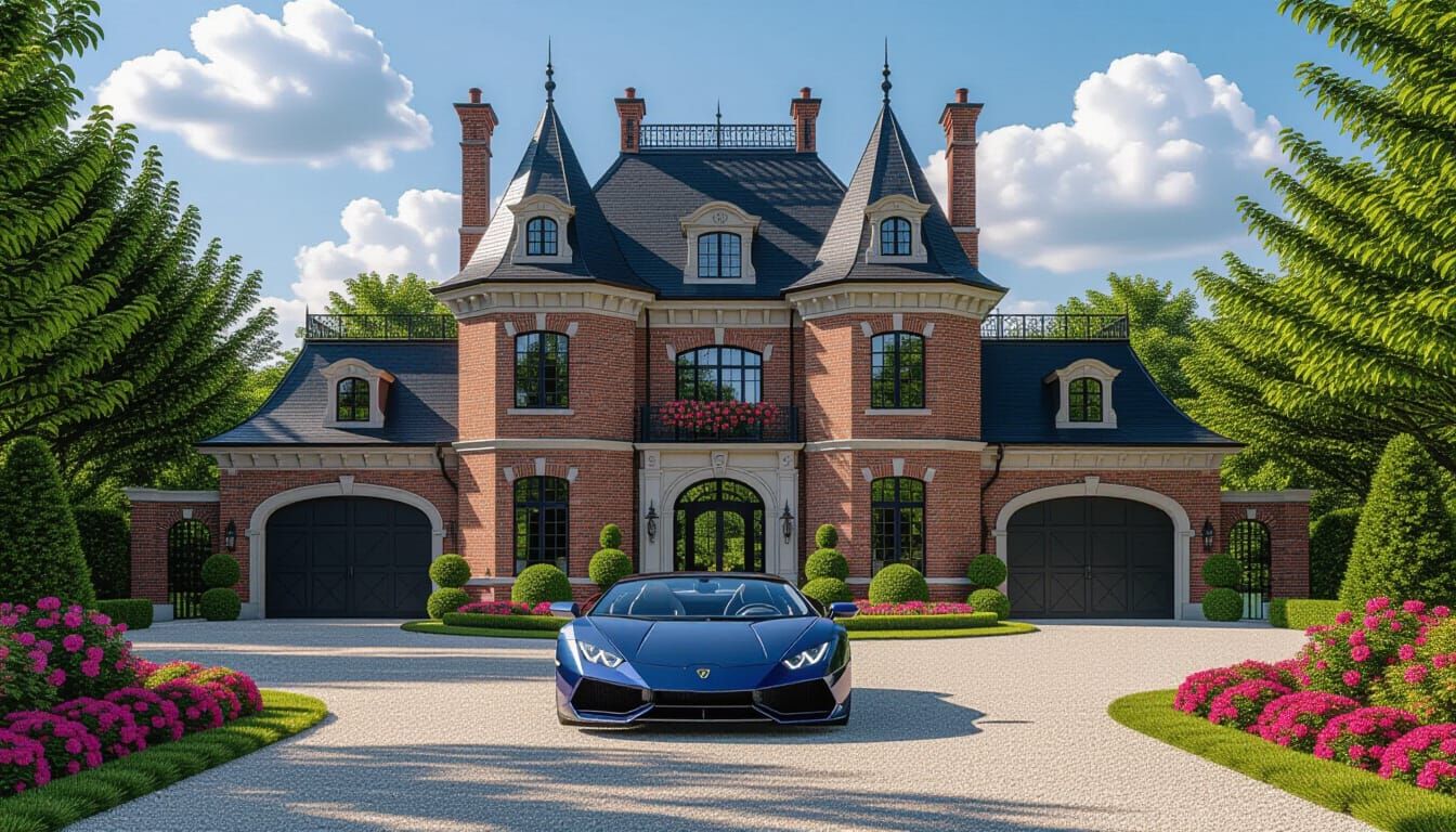 Victorian Chateau With Lamborghini and Vibrant Garden