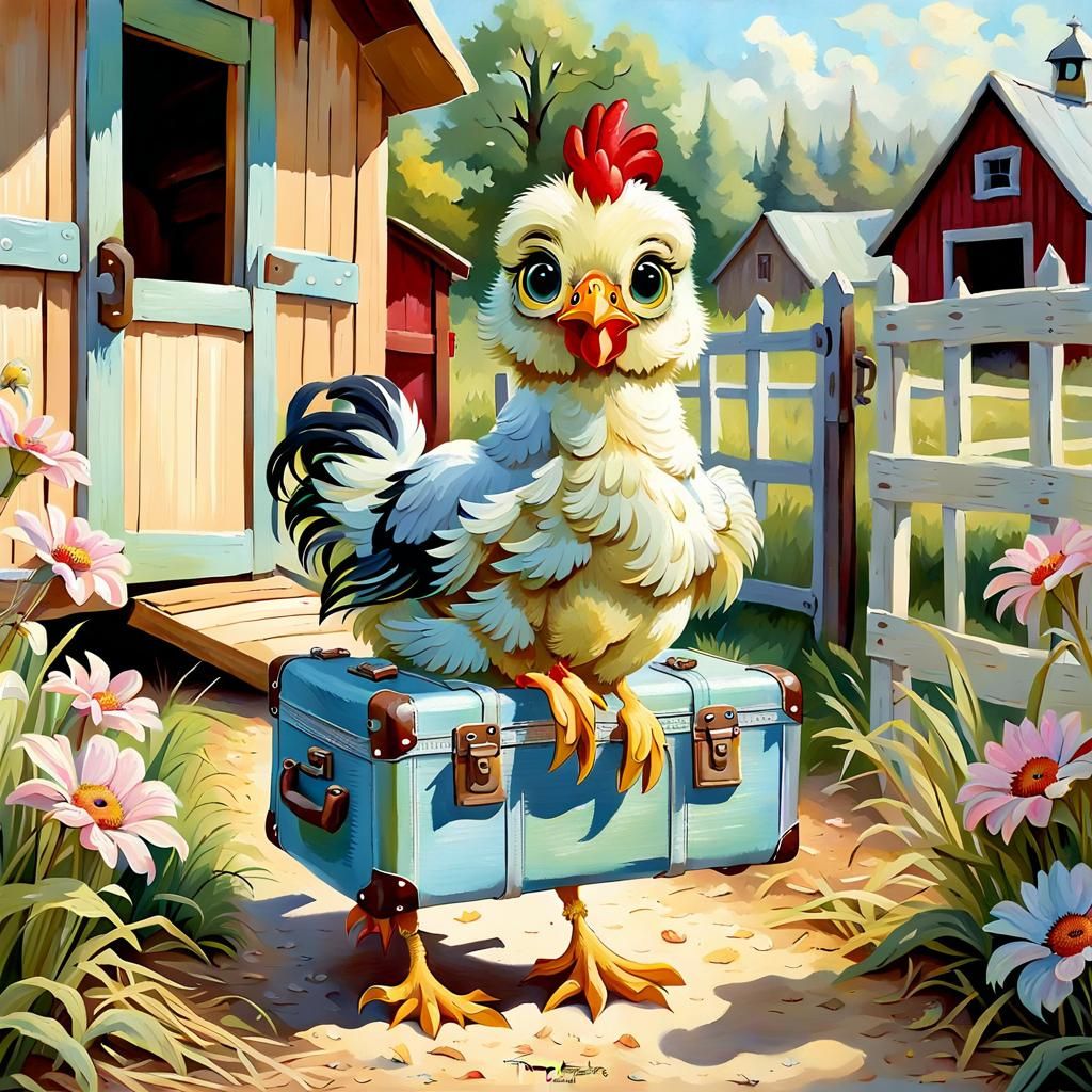 Cute Chicken Leaving Coop in Pastel Oil Painting