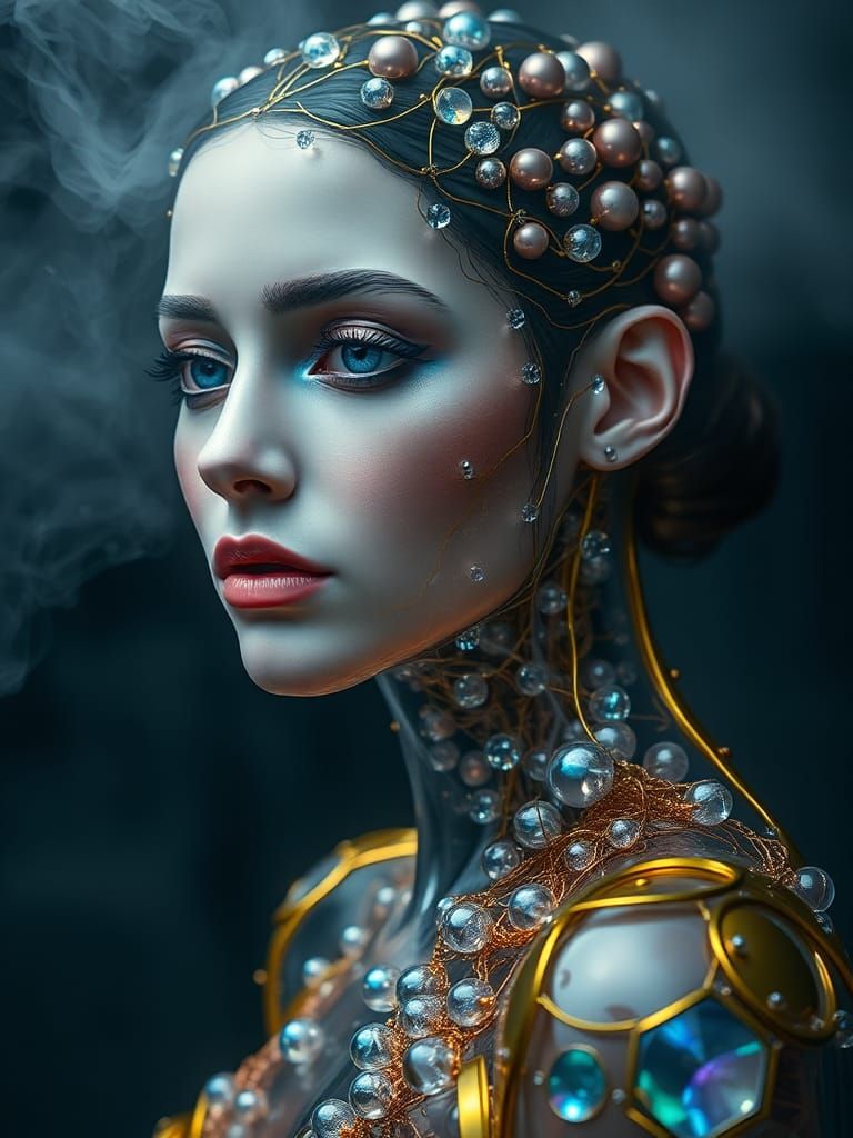 Glass Woman with Golden Panels in Dark Mist