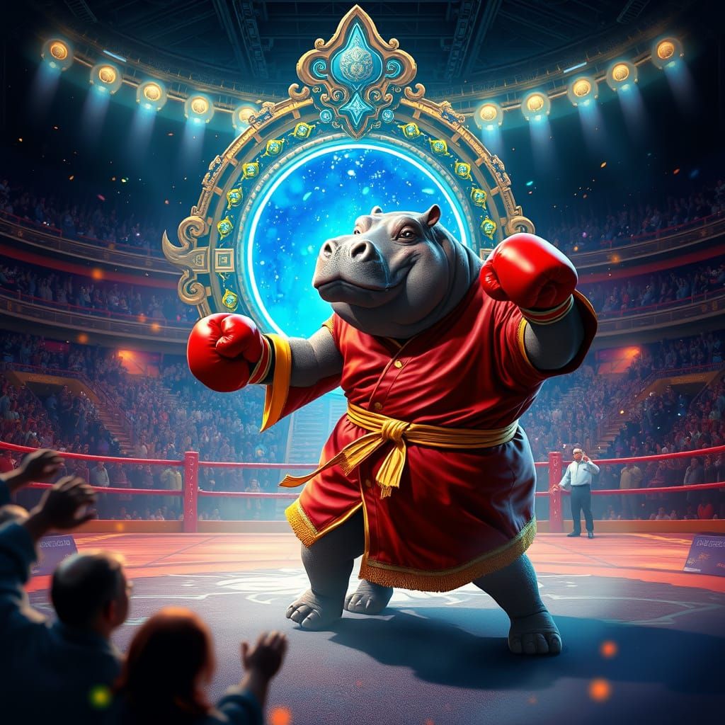 Vibrant Red Boxing Hippo Battles in Enchanted Arena