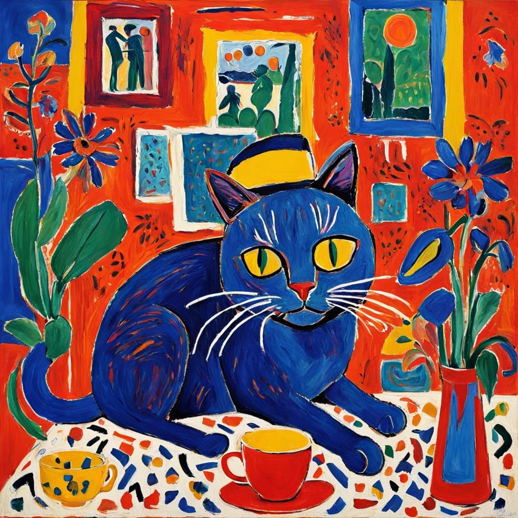 Expressionist Cat in Cafe with Bold Brushstrokes
