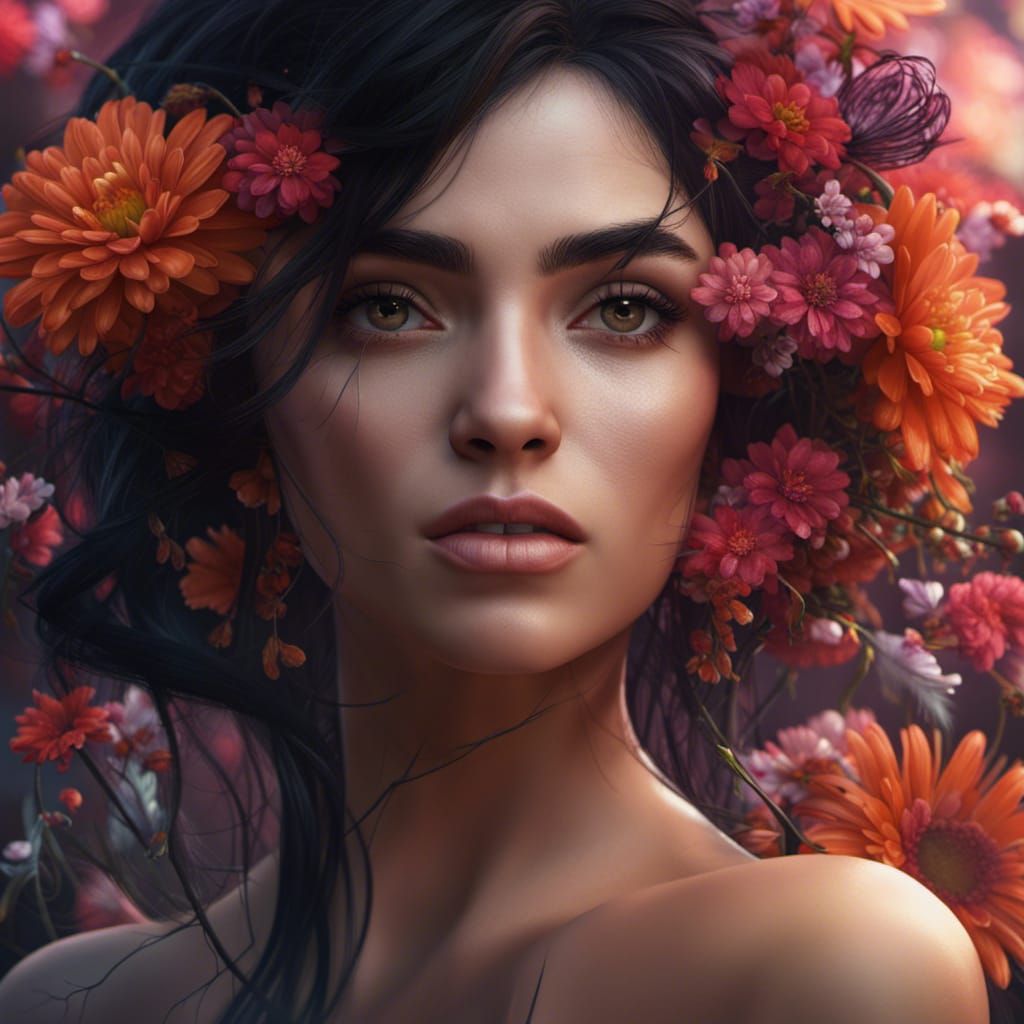 Woman with Black Hair and Floral Background