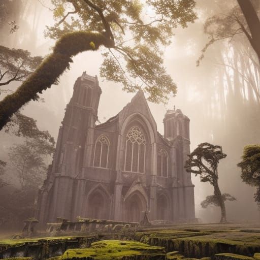 Moss-Covered Cathedral Ruins in a Tropical Forest