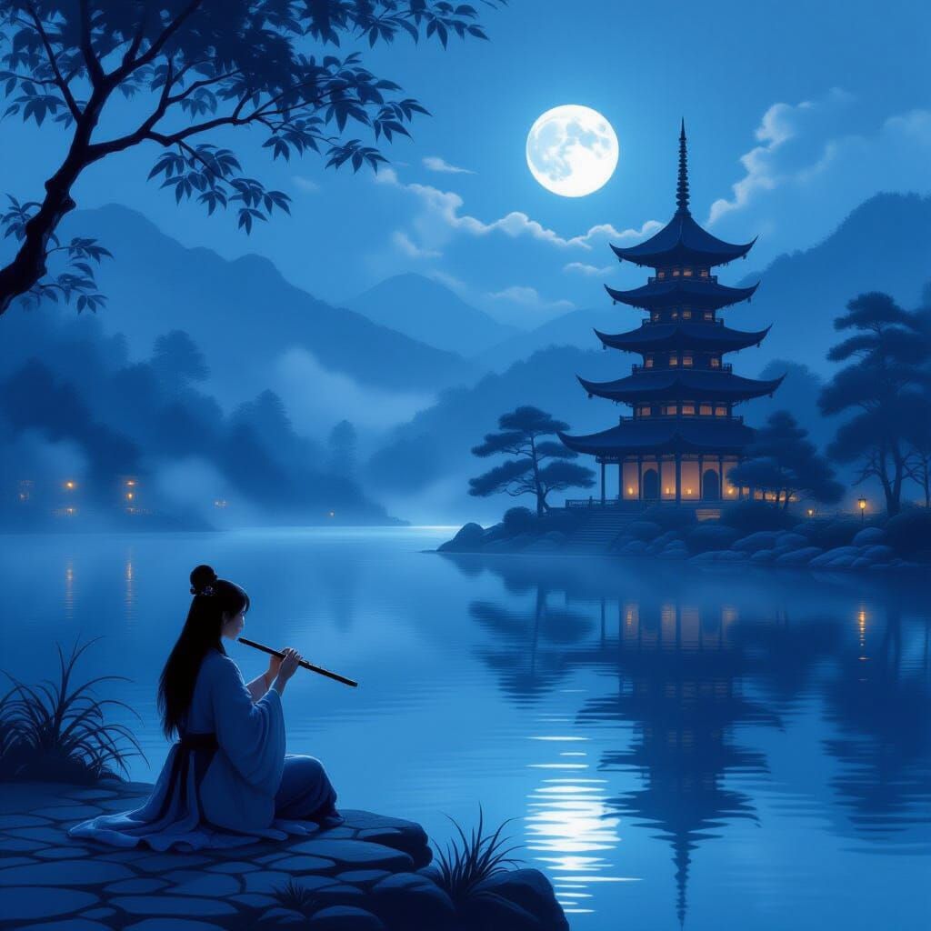 Moonlit Flute Player by Lake with Pagoda in Matte Painting S...