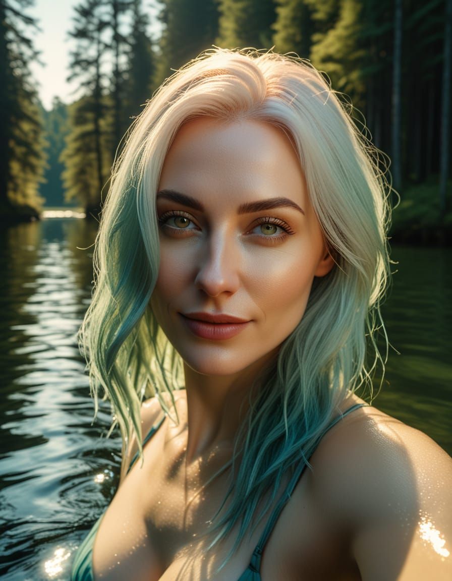 Romantic Realism: Woman Swimming in Forest Lake