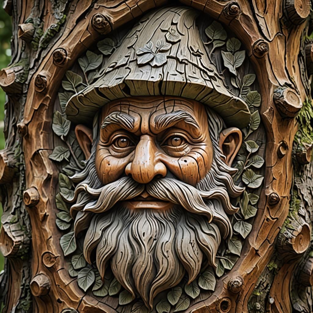 Gnome Face Bas-Relief Carved on Tree Trunk