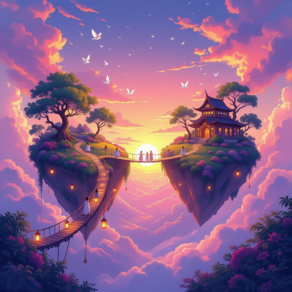 Romantic Heart Islands Connected by Glowing Bridges