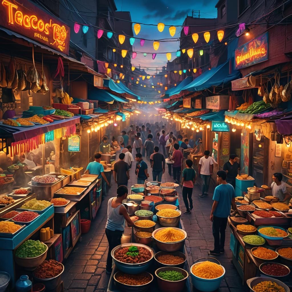 Glowing Mexican Market Taco Vendor at Dusk