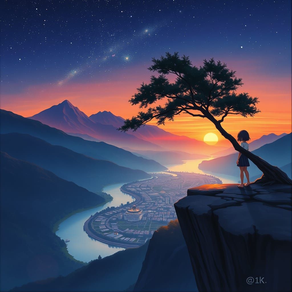Anime Sunset on a Futuristic Cliffside