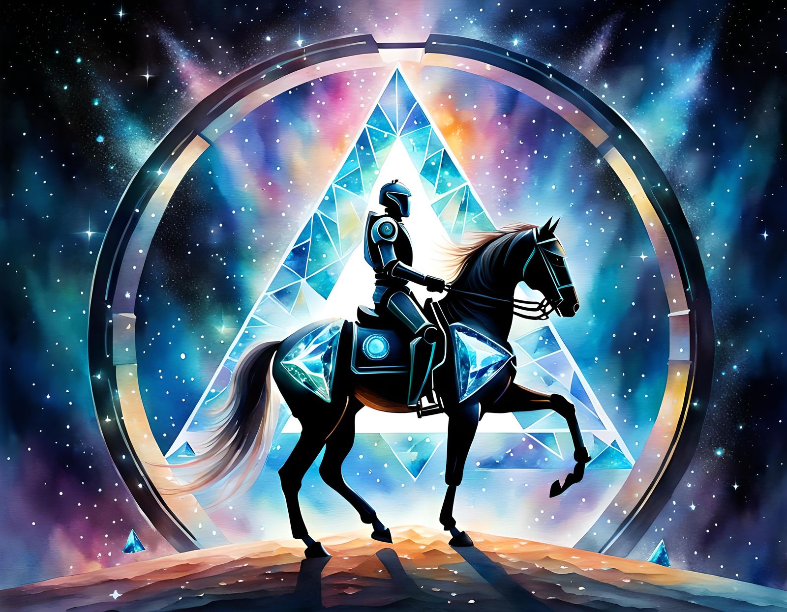 Ethereal Robot on Horse Through Crystal Portal