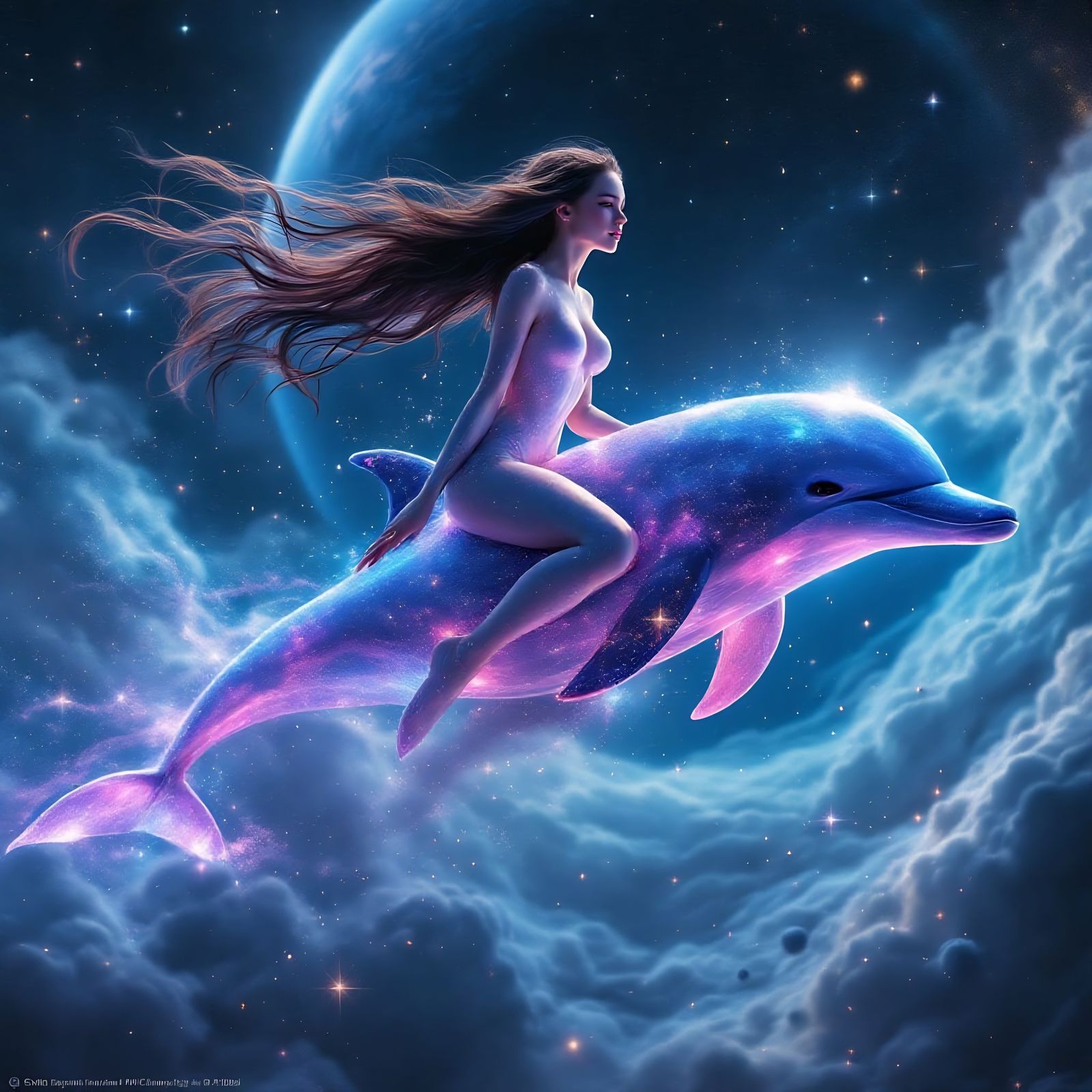 Celestial Goddess Rides Cosmic Dolphin