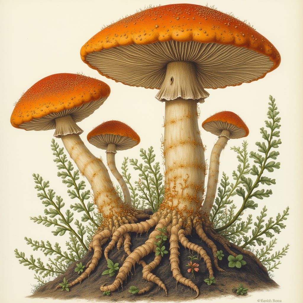 Mycelium in Botanical Illustration Style