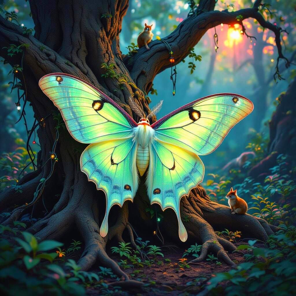 Colossal Luna Moth in Surreal Forest Landscape