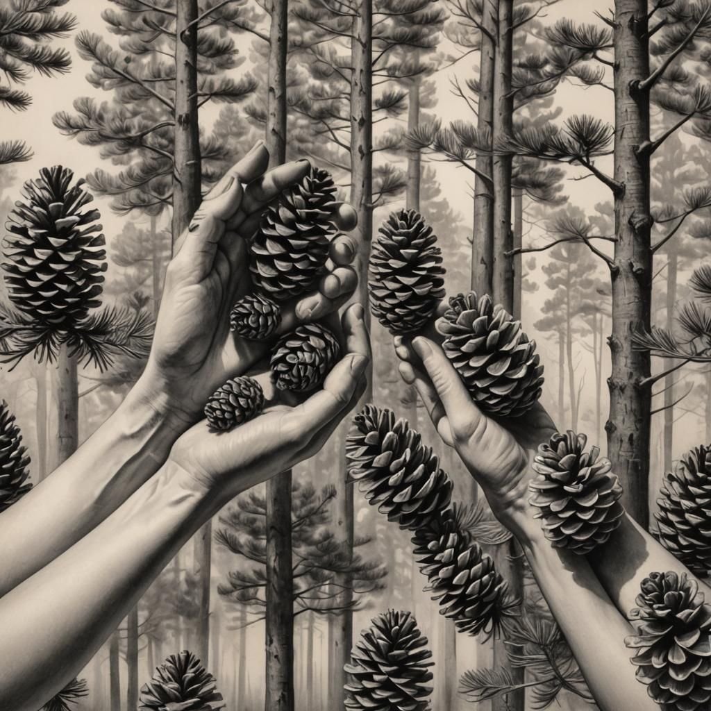Hyperdetailed Charcoal Drawing of Pine Cone Forests