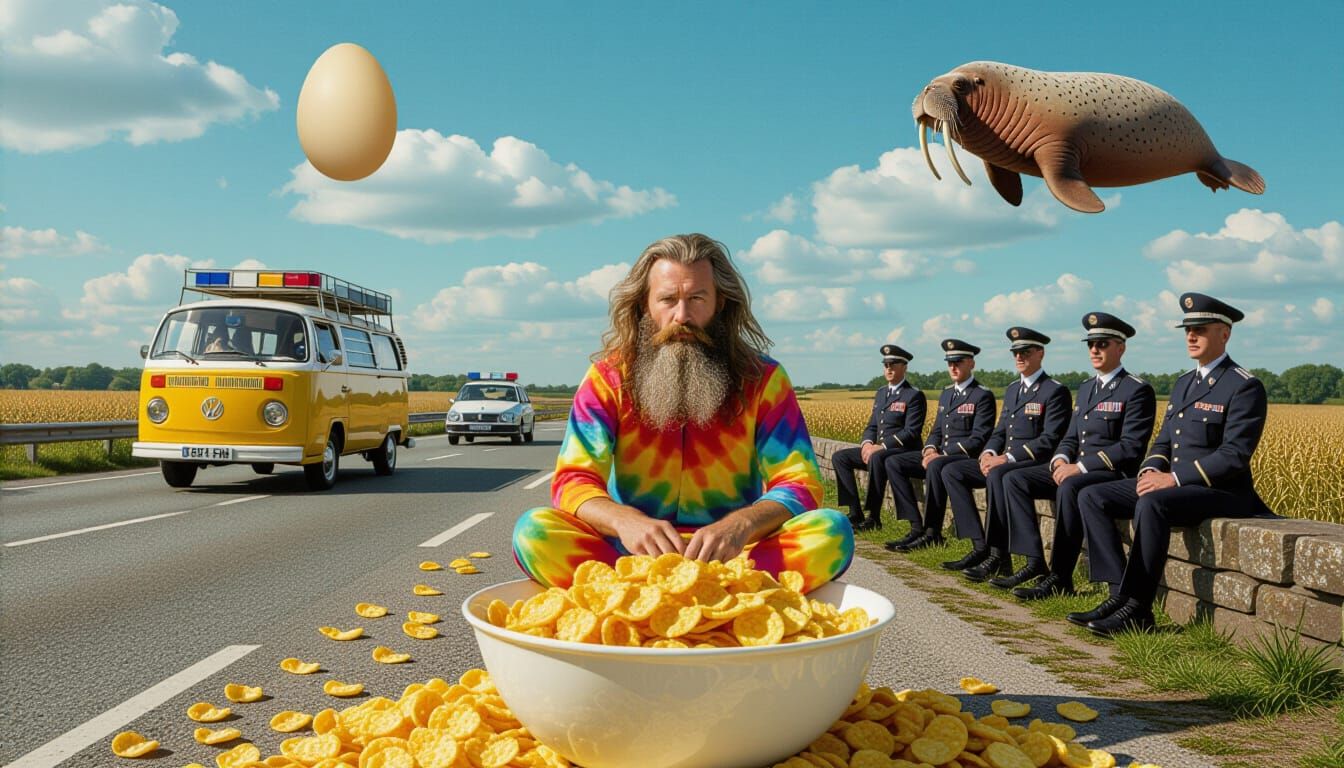 Surreal Hippie Man with Flying Walrus and Egg-Man