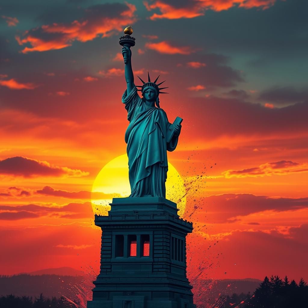 Statue of Liberty at Sunset: Hyperrealistic Splash Art