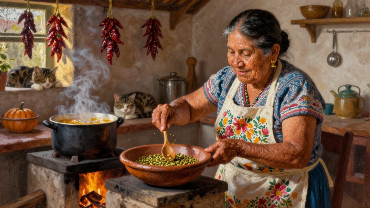 Mexican Abuela Cooking Mole in Golden Hour Light