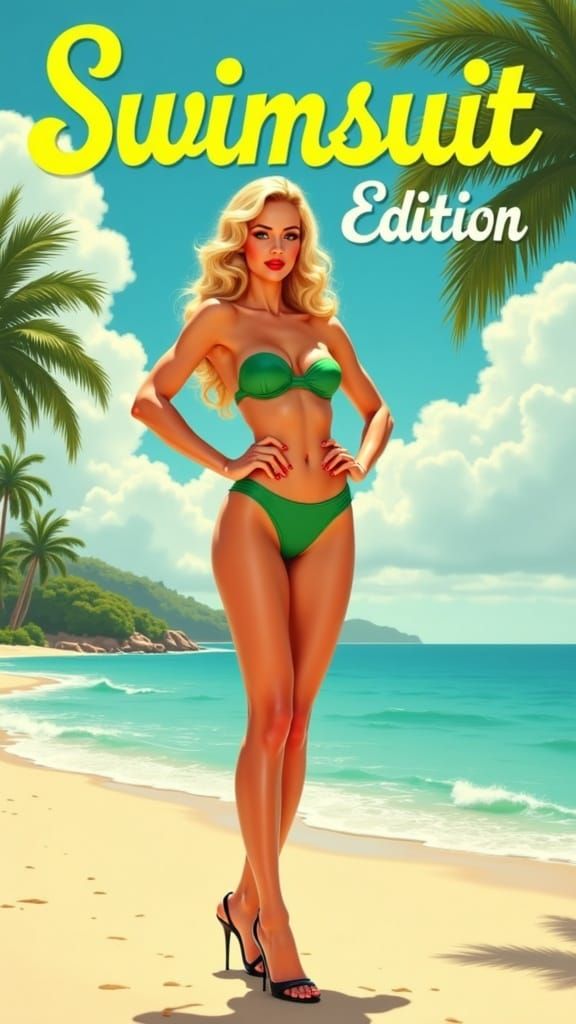 Gorgeous Blonde Supermodel in Green Bikini on Tropical Beach