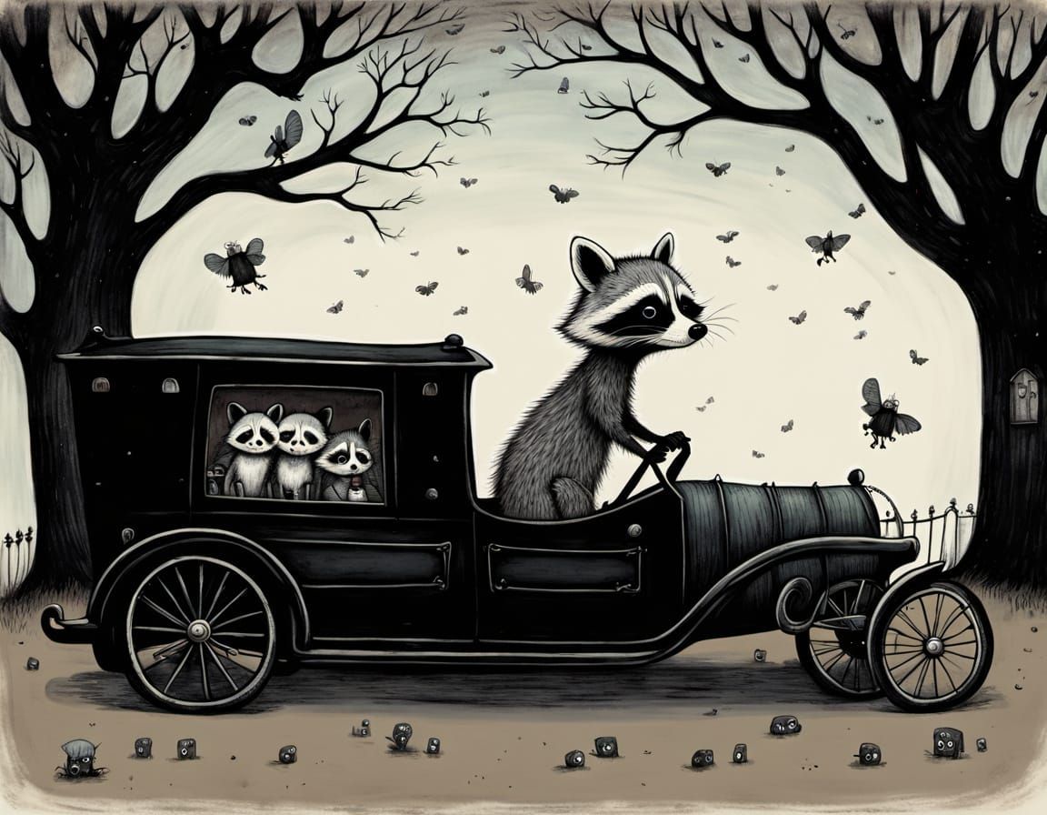 Raccoon Drives Hearse in Gothic Whimsical Style