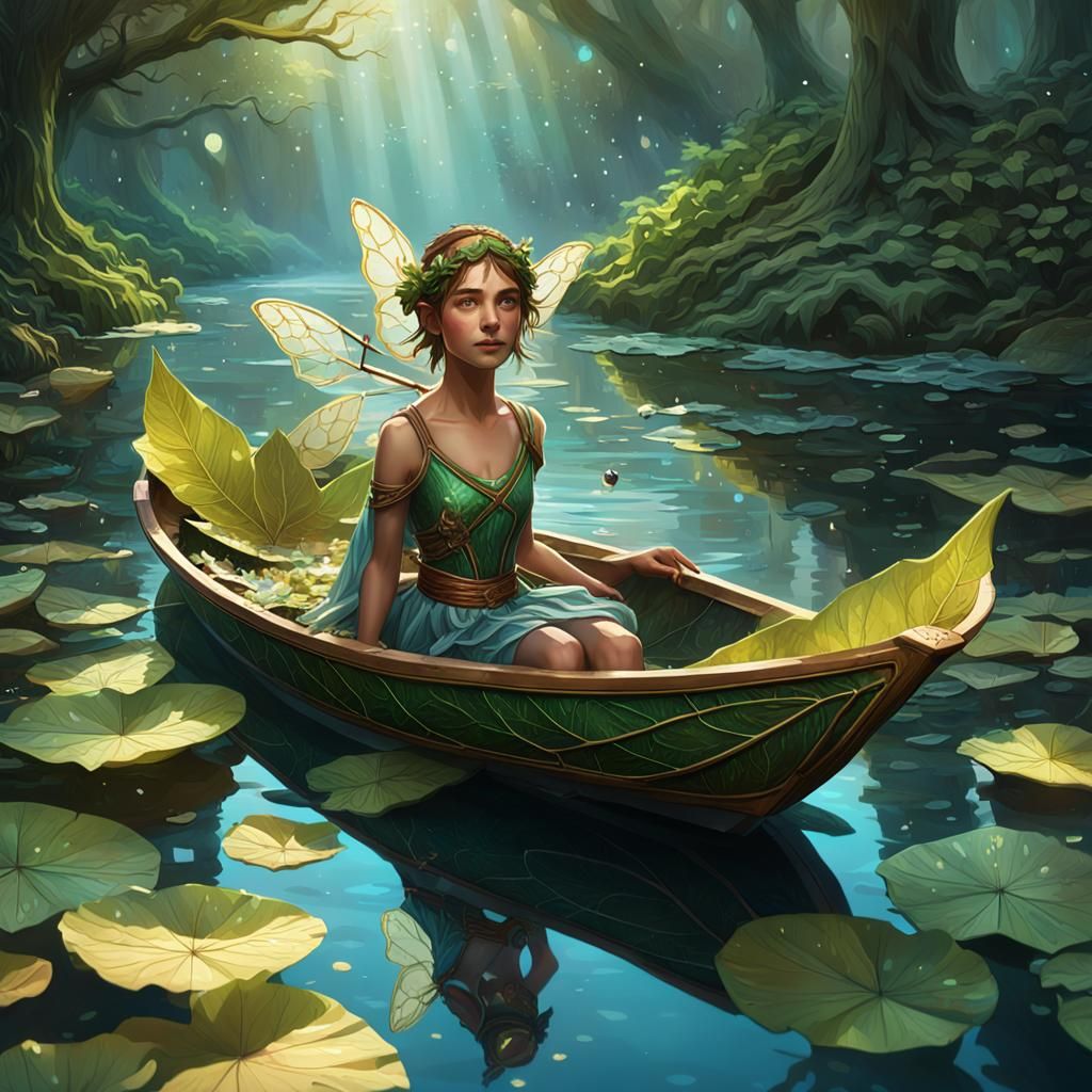 A unique little leaf boat, floating in the river with a small fairy sitting in the leaf boat
