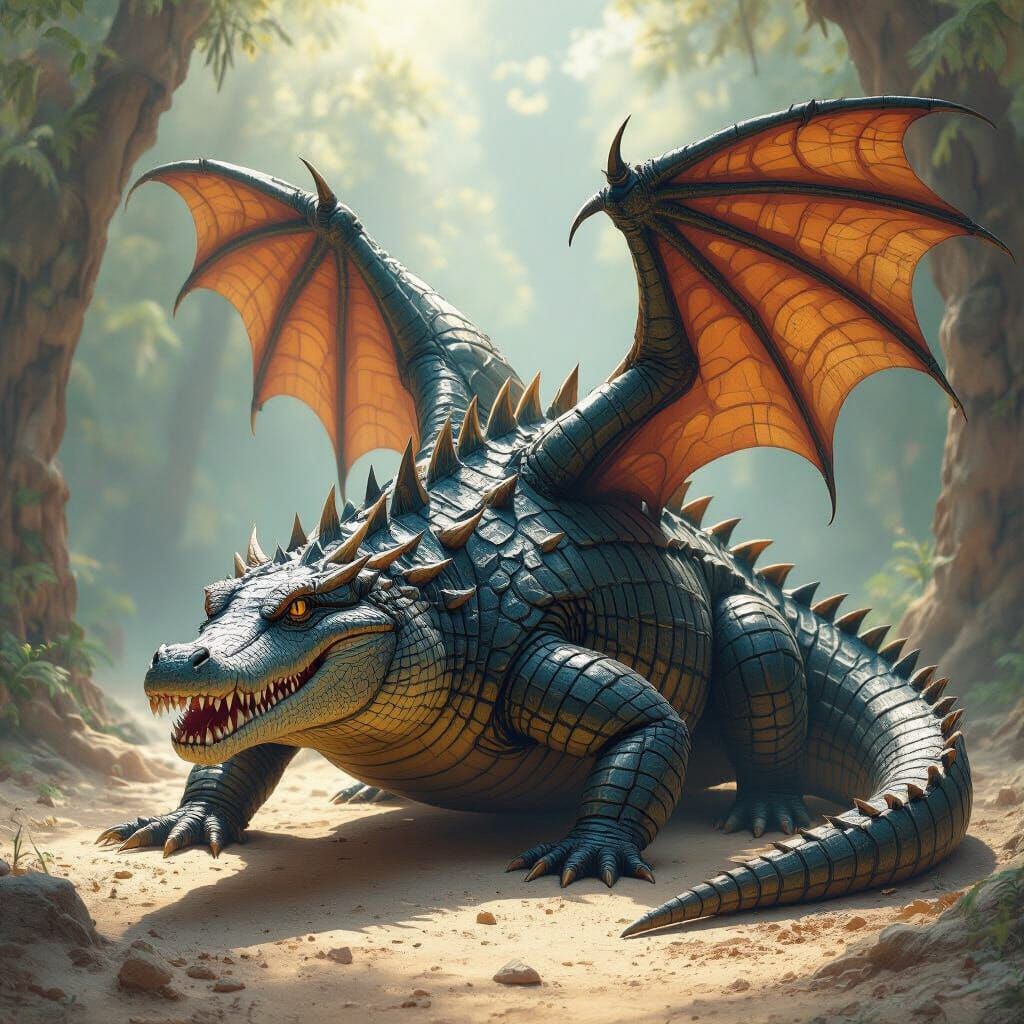 Surreal Crocodile-Eel Hybrid with Dragon Wings