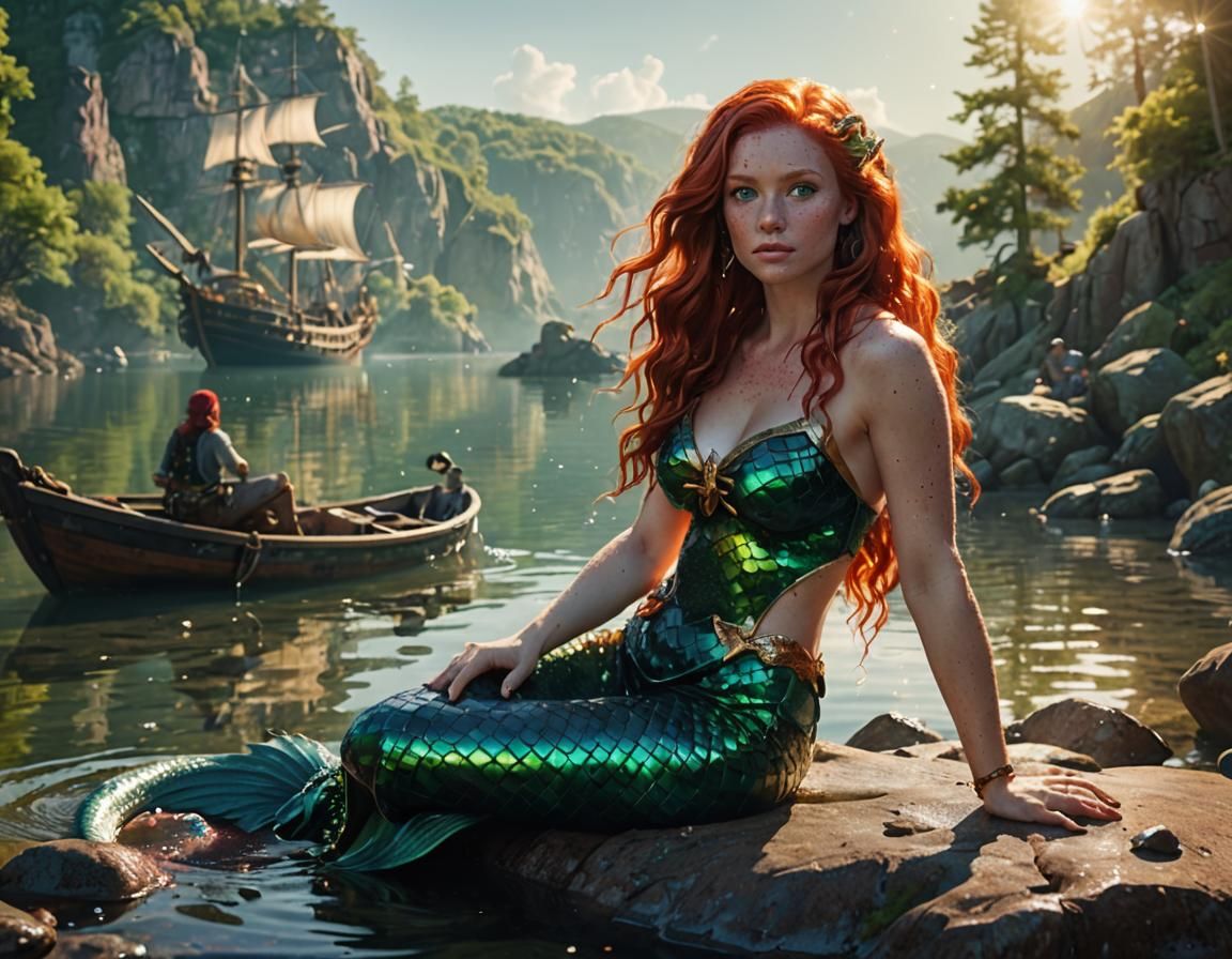 Red-Haired Mermaid in Lake: Fantasy Realism