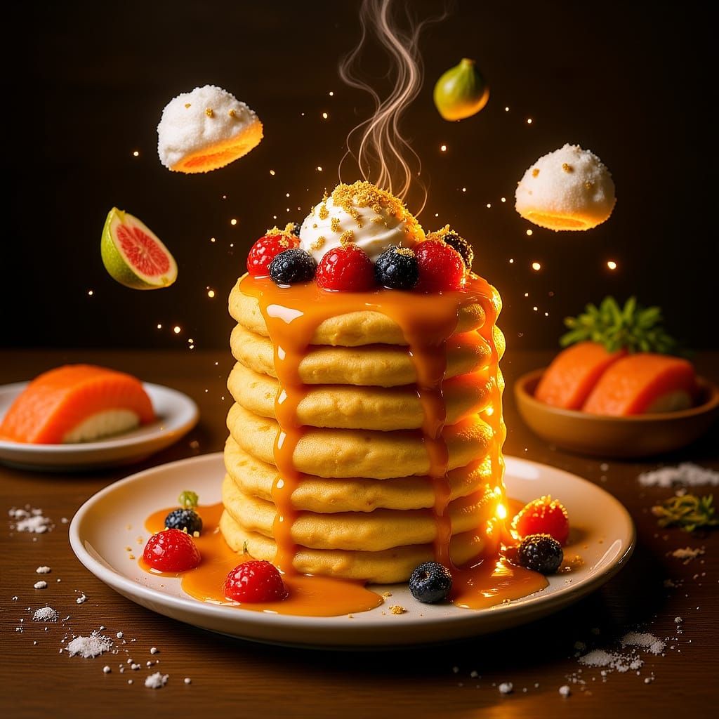 Gourmet Feast: Buttermilk Pancakes and Sushi in Golden Light
