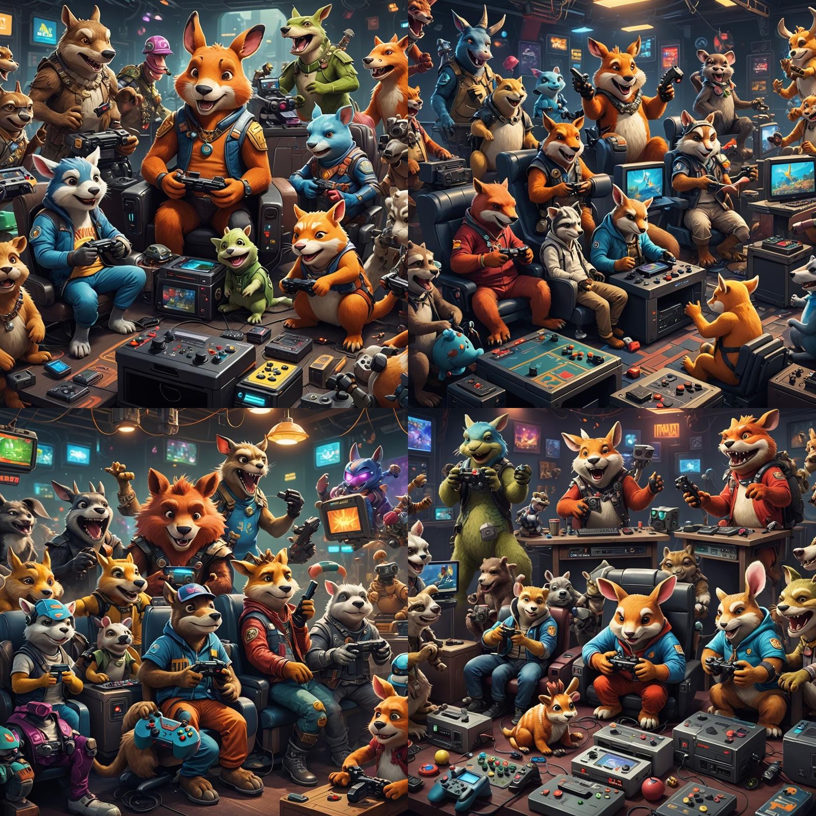 Anthropomorphic Animals Play Video Games: Detailed Art Print