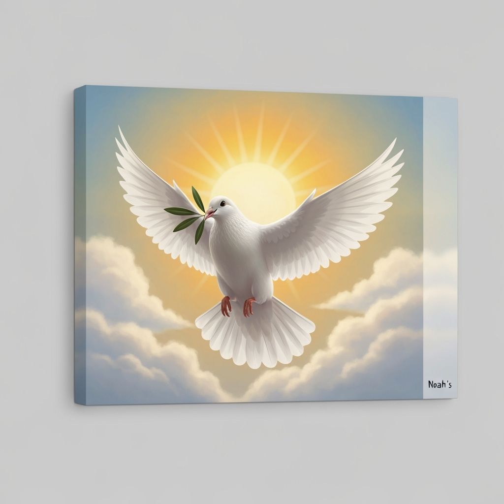 White Dove With Olive Branch Flies Towards Sun