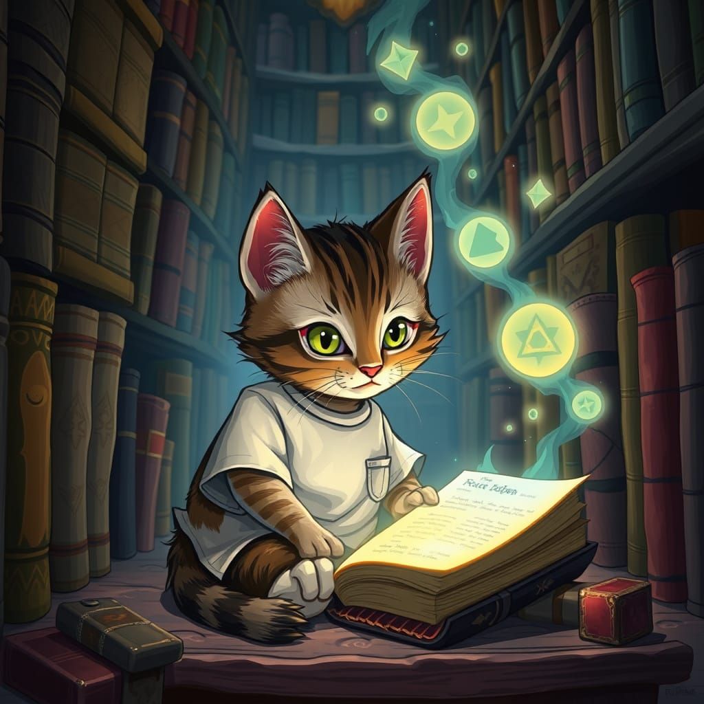 A stunning neon illustration of a kitten sitting in an antiq...