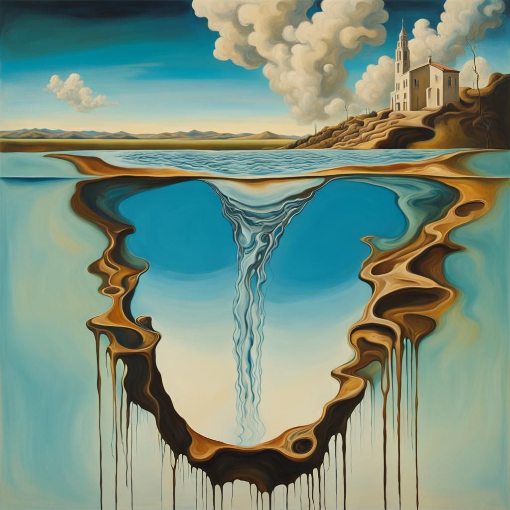 Surreal Waterfall: Water Flows Upwards as Oil Painting