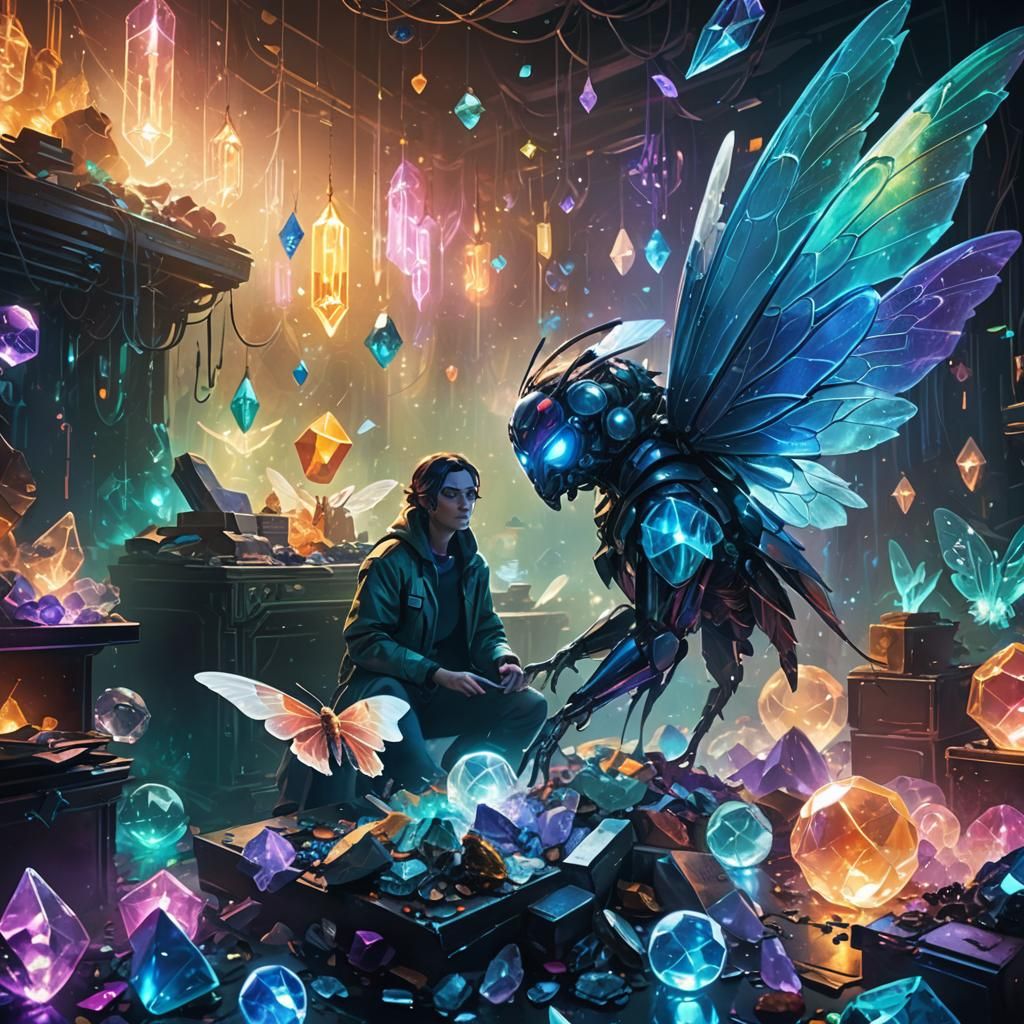 Futuristic Adventurer Surrounded by Crystals and Loot