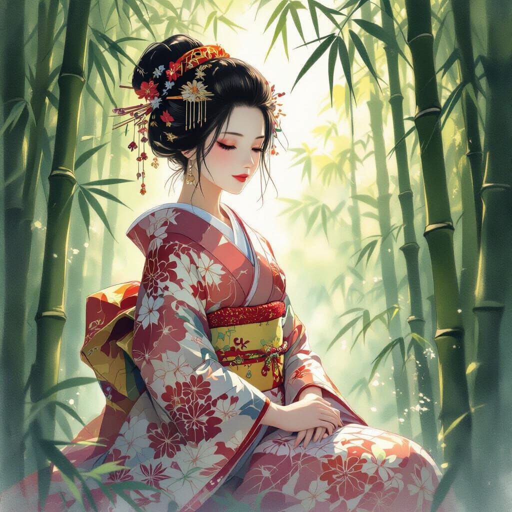 Geisha in Bamboo Forest: Watercolor and Painterly Style