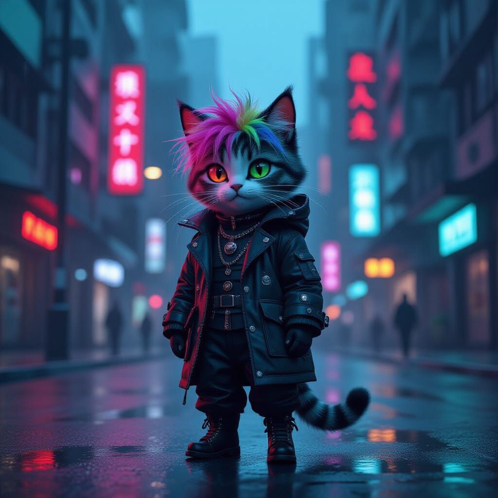Avant-Garde Cat on Neon Street in Futuristic City