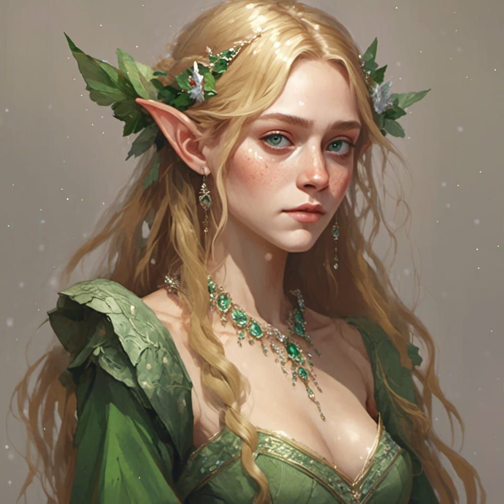 <lora:Animation:1.0> chloe sevigny, pointy ears that are not hidden by hair, elven, young, beautiful, beaded green weddi...