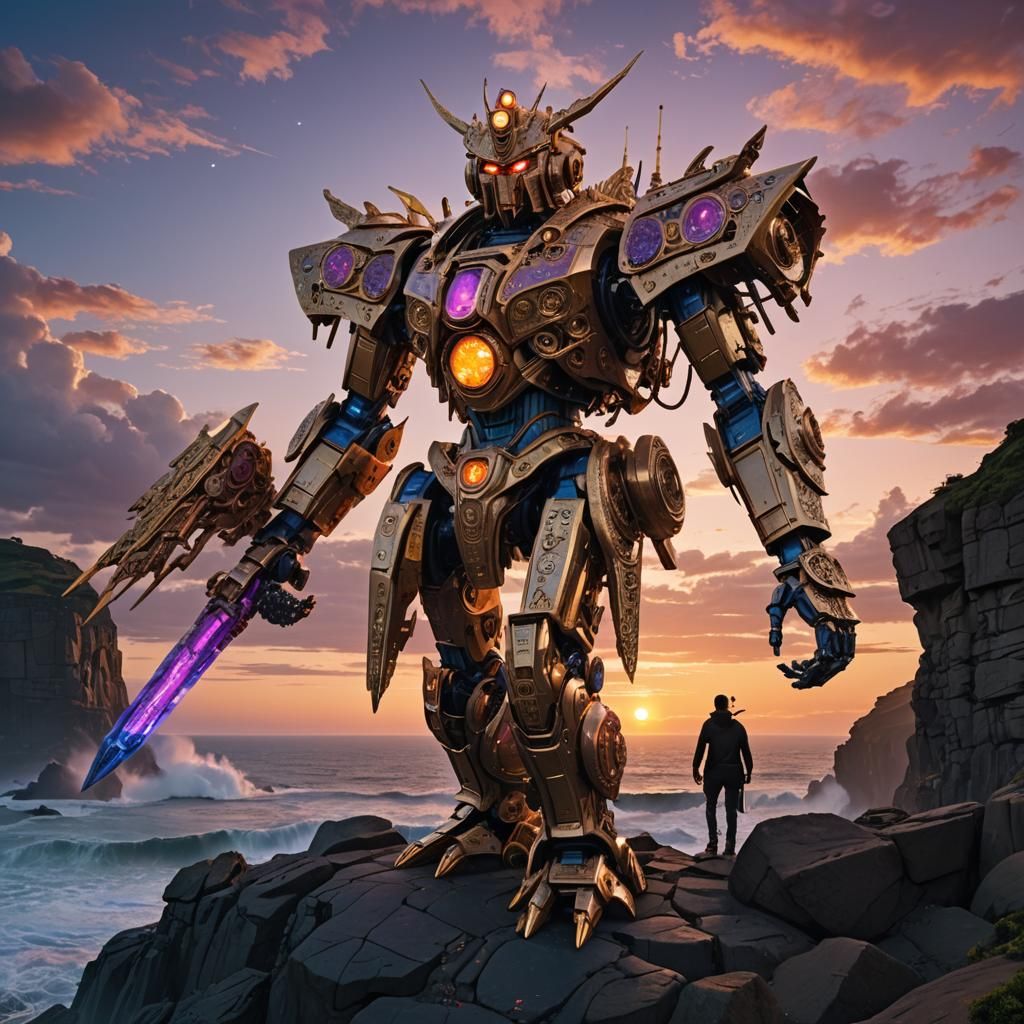 Majestic Robot Sculpture of Viracocha at Twilight