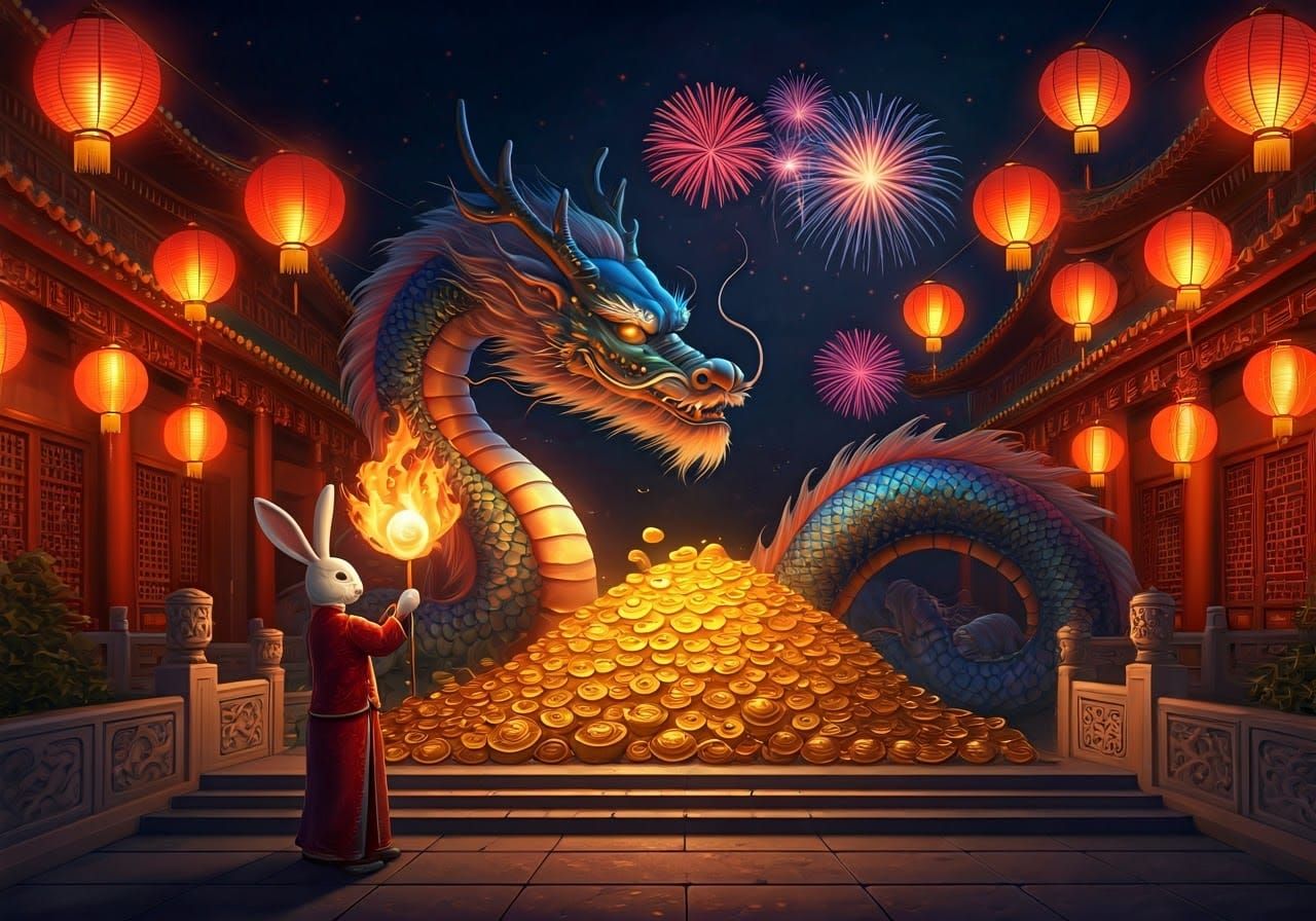 Majestic Chinese Dragon Displays Lucky Gold Coins in Vibrant...