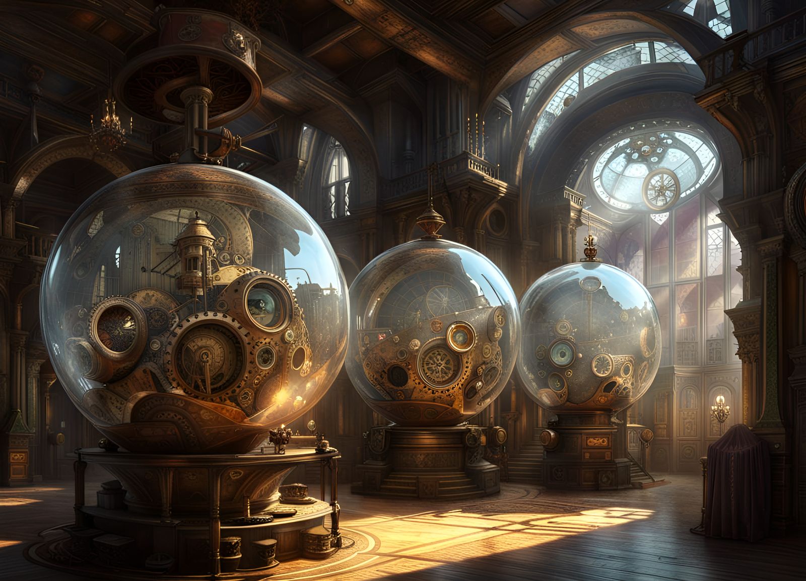 Gear-Filled Glass Spheres in Steampunk Workshop