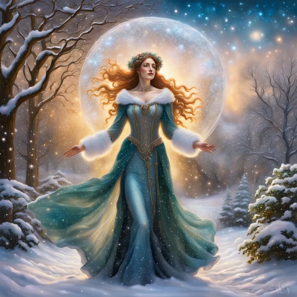 Snow Woman Awakens in Pre-Raphaelite Winter Garden