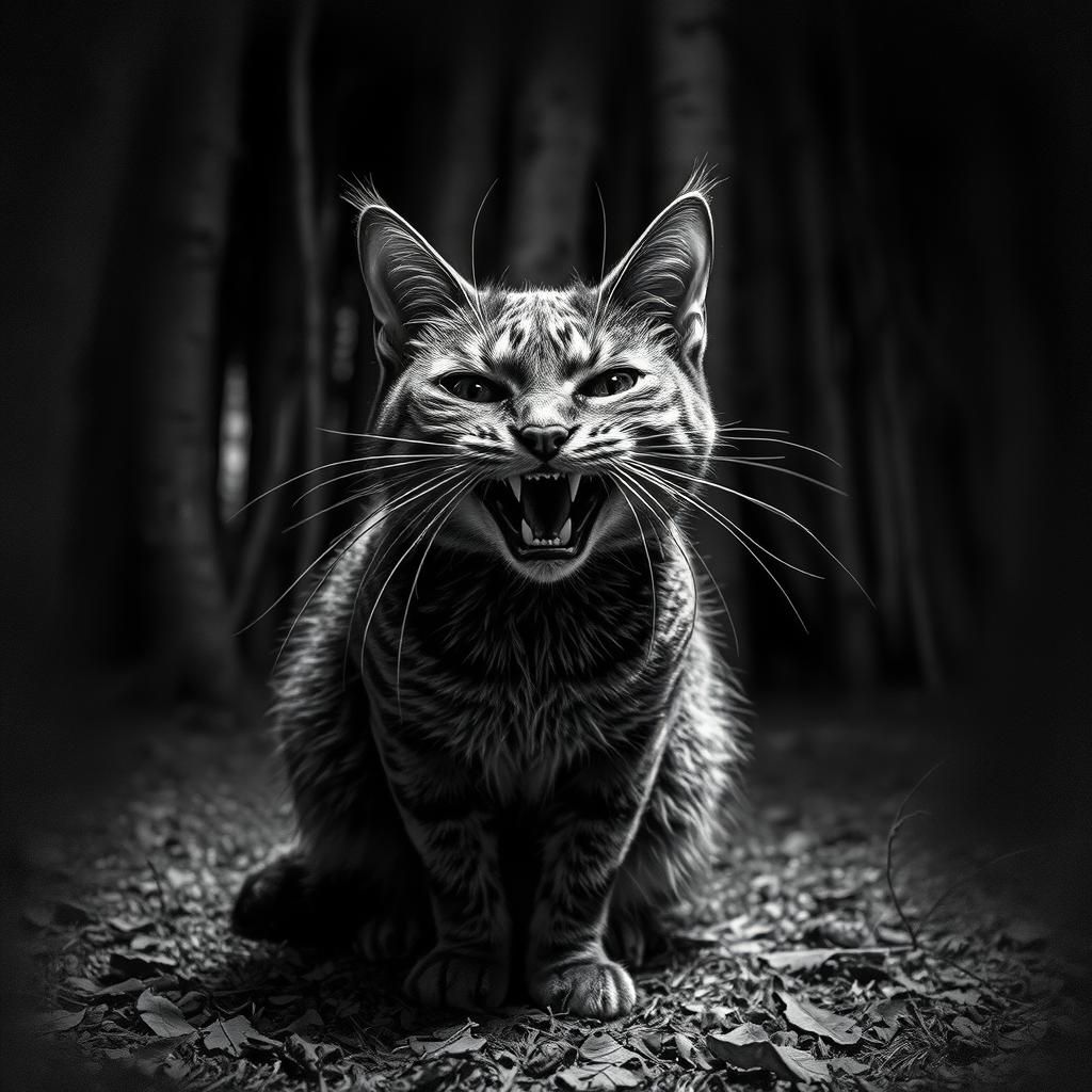 Grinning Cat in Gothic Woods: Black and White Photo