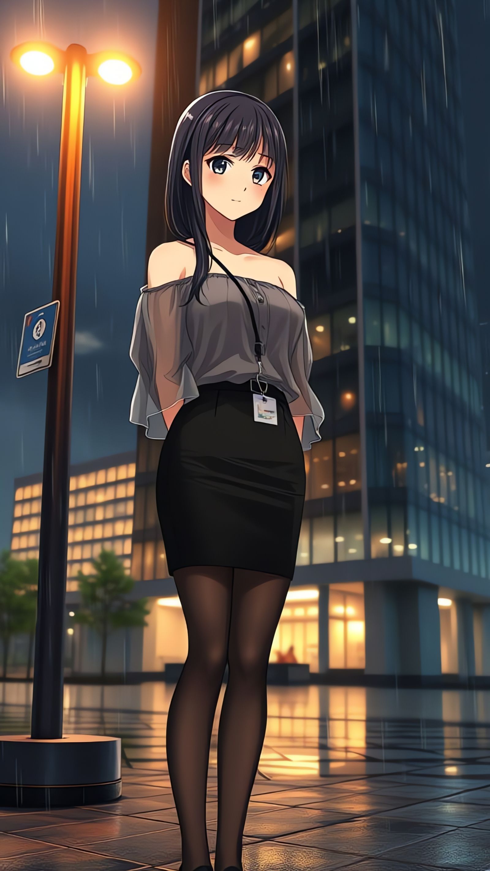 Anime Secretary in Rain at Night, Soft Focus Style