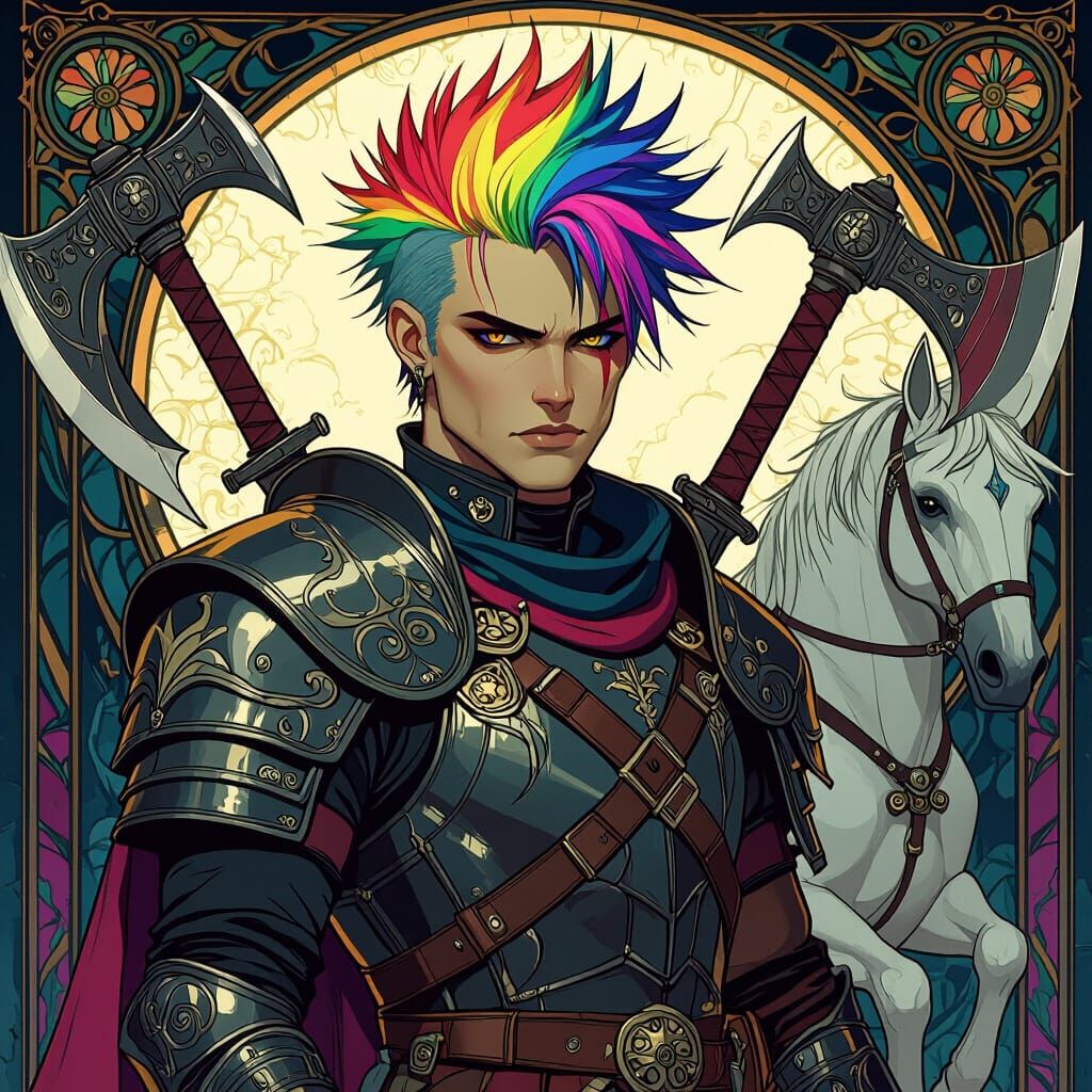 Gothic Warrior with Stallions in Art Nouveau Style