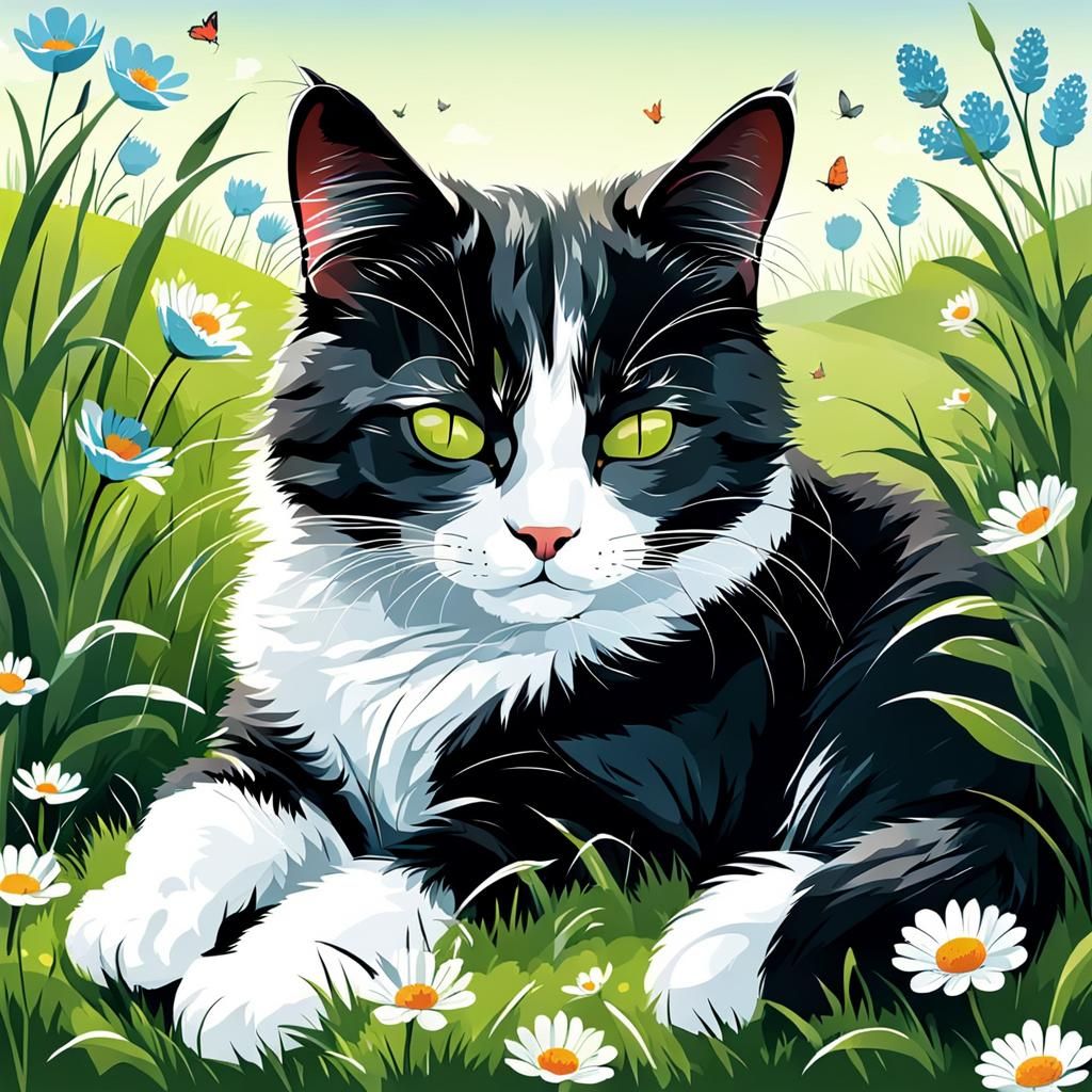 Vector Cat Sleeping in Spring Meadow
