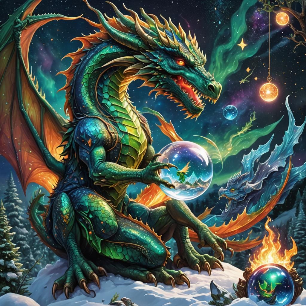 Astral Dragon Hatching from Fiery Cosmic Snow Globe