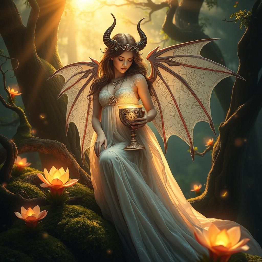 Winged Devilgirl with Chalice in Digital Art Nouveau Style