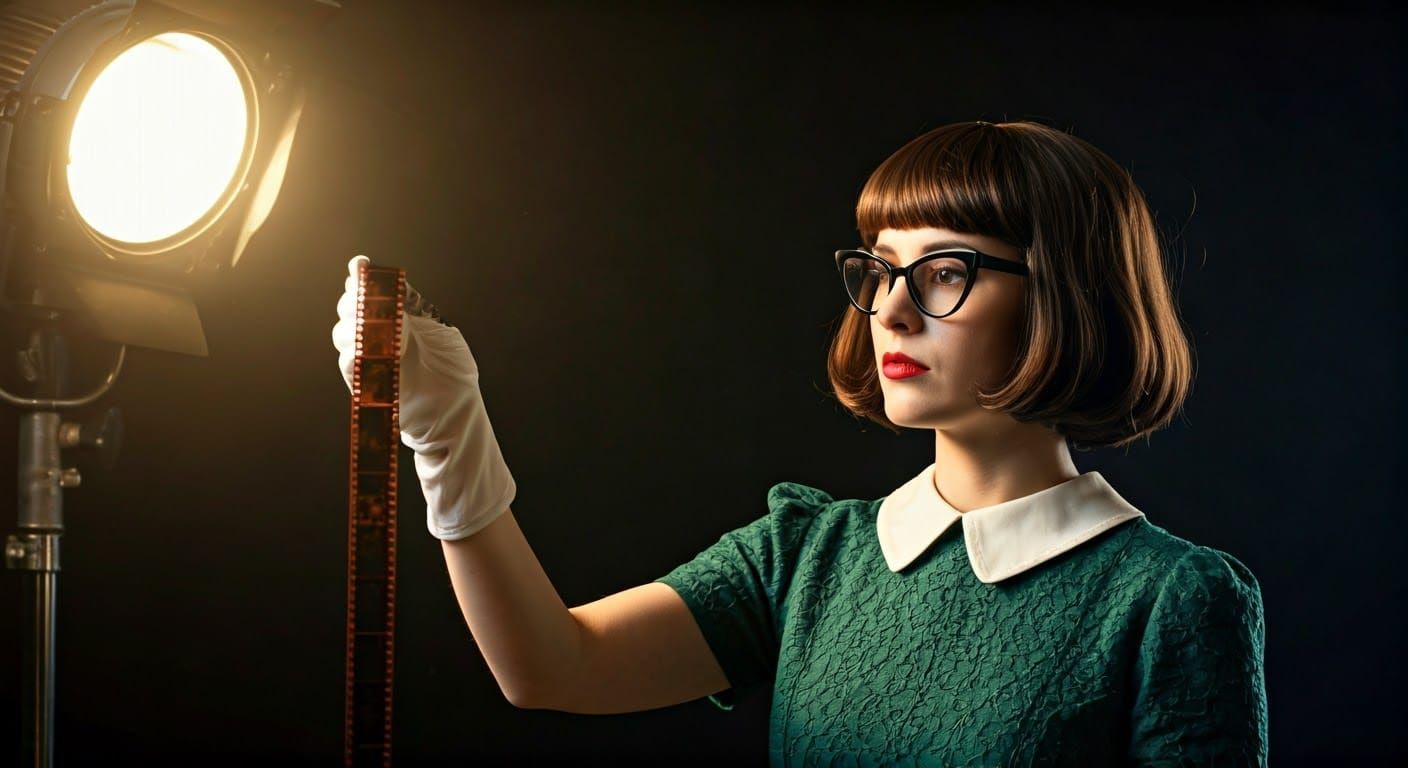 Woman Examining Film Strip in Retro Studio